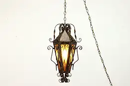 Spanish Colonial Light Vintage Wrought Iron Hanging Lantern Stained Glass #39641