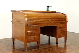 Oak Antique C Shape Roll Top Office or Library Desk, Brass Feet #39648