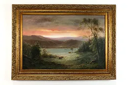 "The River Valley at Sunset" Vintage Original Oil Painting, Scott 44.5" #39687