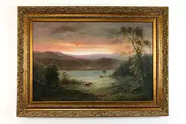 "The River Valley at Sunset" Vintage Original Oil Painting, Scott 44.5" #39687