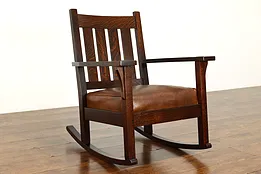 Arts & Crafts Mission Oak Antique Rocker Craftsman Rocking Chair, Leather #39691