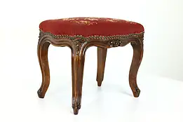 Country French Antique Farmhouse Footstool, Floral Needlepoint Upholstery #39778