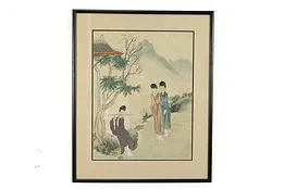 Japanese Women & Flutist Antique Original Watercolor Painting, 23" #39714