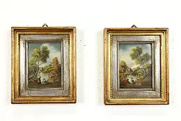 Pair of Country Landscape Vintage Original Miniature Oil Paintings 8" #39720