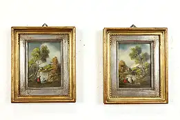 Pair of Country Landscape Vintage Original Miniature Oil Paintings 8" #39720