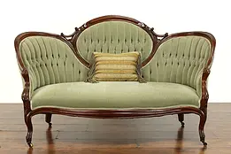 Victorian Antique Carved Walnut Loveseat or Small Sofa, Mohair Upholstery #39735