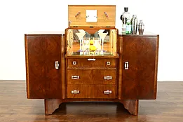 Art Deco Vintage English Drop Front Lighted Bar Cabinet, Bakelite Pulls #39007