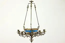 French Antique 1850 Brass 9 Candle Chandelier with Sevres Blue Bowl #39098