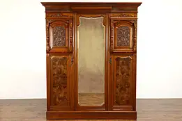 Victorian Carved Walnut & Burl English Triple Armoire, Beveled Mirror #35399