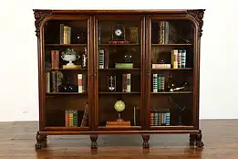 Triple Antique Oak Office or Library Bookcase, Carved Cherubs, Rockford #39520