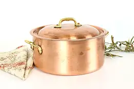 Farmhouse Vintage French Copper Dutch Oven, Lid, Brass Handles #38098