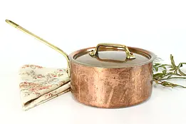 Farmhouse French Vintage Solid Copper Sauce Pan with Lid, Brass Handles #38099