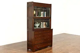 Arts & Crafts Oak 2 Stack Antique Leaded Glass Office Bookcase & File #38113