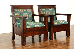 Pair of Arts & Crafts Mission Antique Throne Hall Chairs, New Upholstery #38569