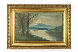 Fishing Boat on Mountain Lake Original Antique Oil Painting, Browning 40" #38921