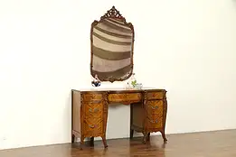 Satinwood Carved Vintage Desk Vanity, Dressing Table & Mirror #32121