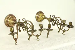 Pair of Antique Architectural Salvage Brass Triple Gas Wall Sconce Lights #32320