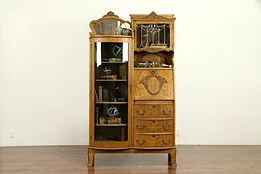 Victorian Antique Oak Side by Side Secretary Desk, Bookcase Curved Glass #32327