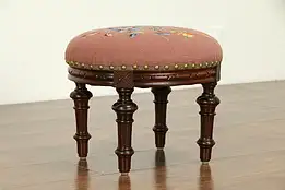 French Oval Antique Walnut Footstool, Handstitched Needlepoint Upholstery #32620