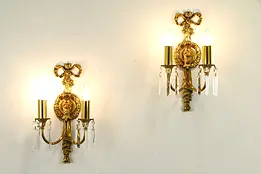 Pair of Vintage Gold Plated Brass Double Wall Sconce Lights #32682