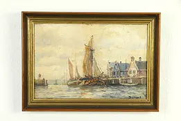 Harbor Scene with Ships, Antique Original Oil Painting, Bungas #32700