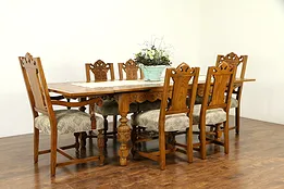 English Tudor Antique Oak Dining Set, Table, 6 Chairs #32782