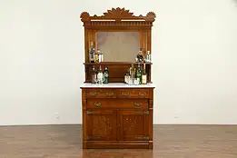 Victorian Eastlake Antique Oak Spoon Carved Sideboard, Mirror & Marble #32797