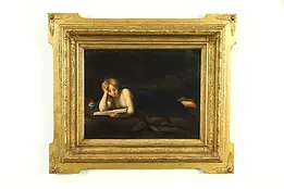 Young Woman Reading a Book, Victorian Antique Original Oil Painting #32856
