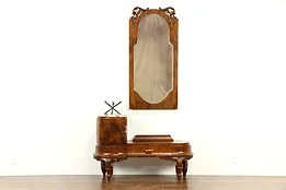 Italian Art Deco Olive Burl Vanity, Dressing Table, Hall Console & Mirror #32895