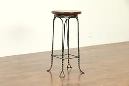 Wrought Iron Antique Ice Cream Parlor Stool, Mahogany Seat #32984