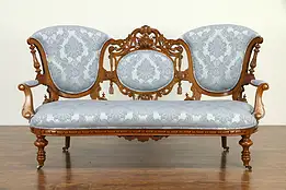 Victorian Antique 1870 Hand Carved Walnut Sofa, New Upholstery #33013