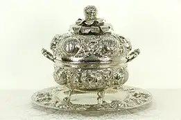 Hand Hammered Silverplate Antique Fruit Motif Tureen Centerpiece & Tray #33177