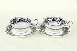 Wedgwood Cobalt Blue Florentine Pattern Pair of Cups and Saucers #33355