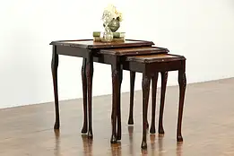 Set of 3 Italian Mahogany Vintage Nesting Tables, Gold Tooled Leather #33755