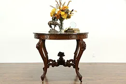 Victorian Pietra Dura Inlaid Marble Antique Table, Carved Walnut #34043