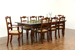 Country Farmhouse Cherry Vintage Dining Set, Table, 8 Chairs Rush Seats #33690