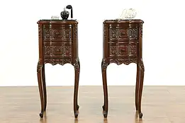 Pair of Antique Walnut & Black Marble Top Nightstands or End Tables #34000