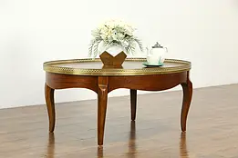 Oval Banded Walnut Vintage Coffee Table, Brass Gallery, Signed Baker  #34007