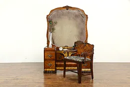 Art Deco Waterfall Vanity and Chair, Beveled Mirror, Bakelite Pulls #34214
