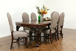 Antique Dining Set, Table & 6 Leaves, 6 Chairs New Upholstery, Rockford #34648
