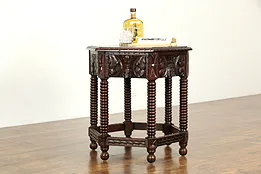 English Tudor Antique Carved Walnut Hexagonal Lamp Table #33576