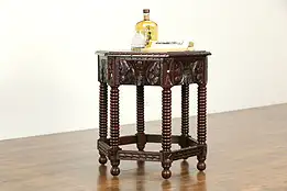 English Tudor Antique Carved Walnut Hexagonal Lamp Table #33576