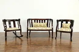 Victorian Antique 3 Pc Parlor Set, Settee, Chair & Rocker, Lion Heads #34742