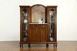 French Art Deco Sideboard, China or Bar Cabinet, Leaded Glass, Marble  #34526