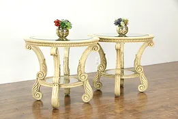 Renaissance Design Pair of Lamp Tables, Crackled Paint, Beveled Glass #34827