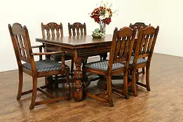 Oak English Tudor Antique 1920 Dining Set, Table, 2 Leaves, 6 Chairs #35295