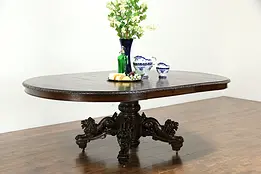 Black Forest Oak Antique Dining Table, Carved Lions, 3 Leaves Extend 7'  #34448