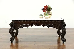 Teak Antique British Indian Coffee Table, Carved Lions, Marble Top #35013