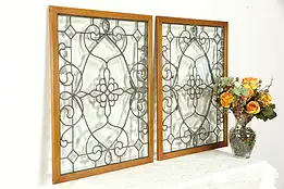 Victorian Pair of Antique Beveled Hand Leaded Glass Windows with Jewels #35390