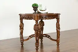 Hunting Lodge Antique Walnut Hall Center Table, Carved Hunter Sculptures #35405